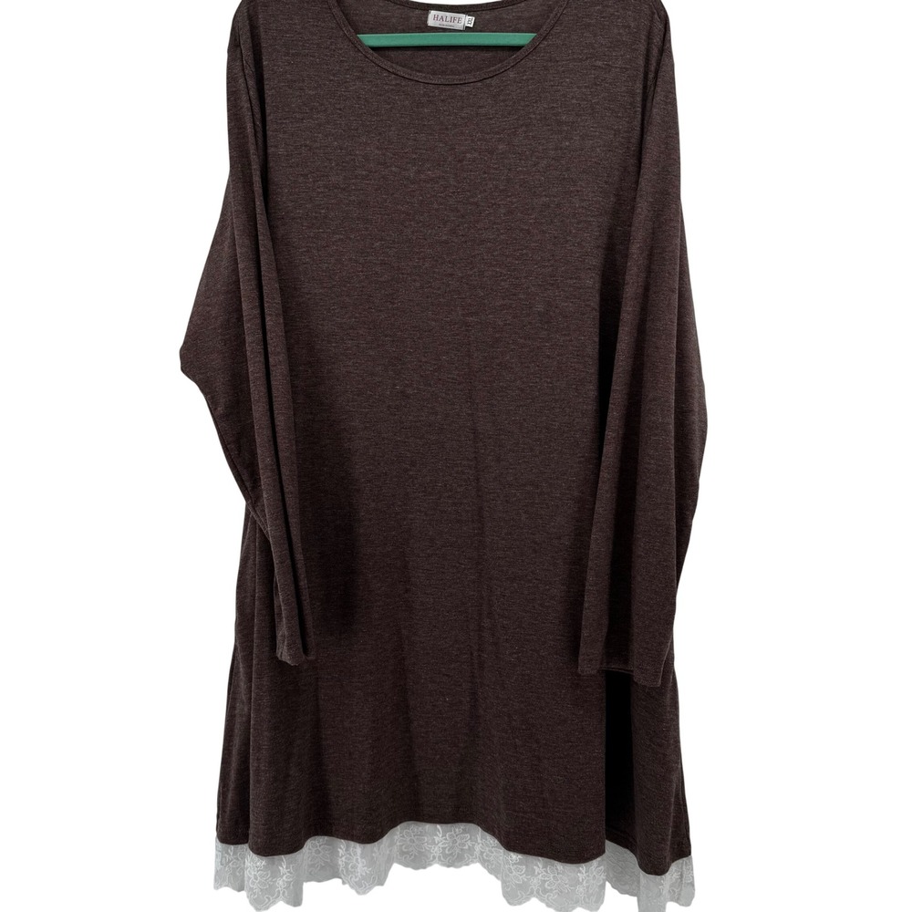 Brown Heathered Knit Lace Trim Tunic Top Long Sleeve Dress Women XXL Earthy Boho